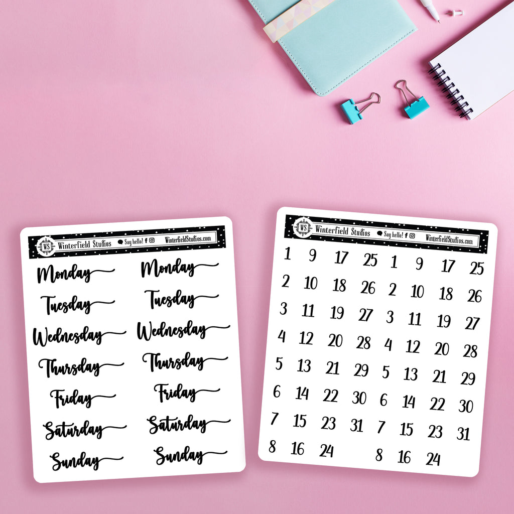 Days of the Week Script Mini Planner Stickers, Rae Dunn Inspired