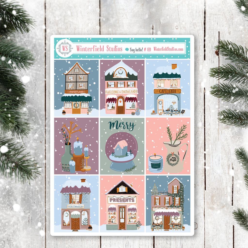Small Town Christmas Planner Scene Sticker Kit - Winter Stickers - Scrapbook Stickers - Fits Vertical Planners