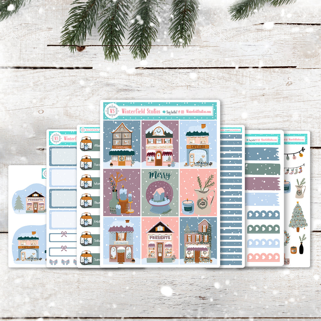 Small Town Christmas Planner Scene Sticker Kit - Winter Stickers - Scrapbook Stickers - Fits Vertical Planners