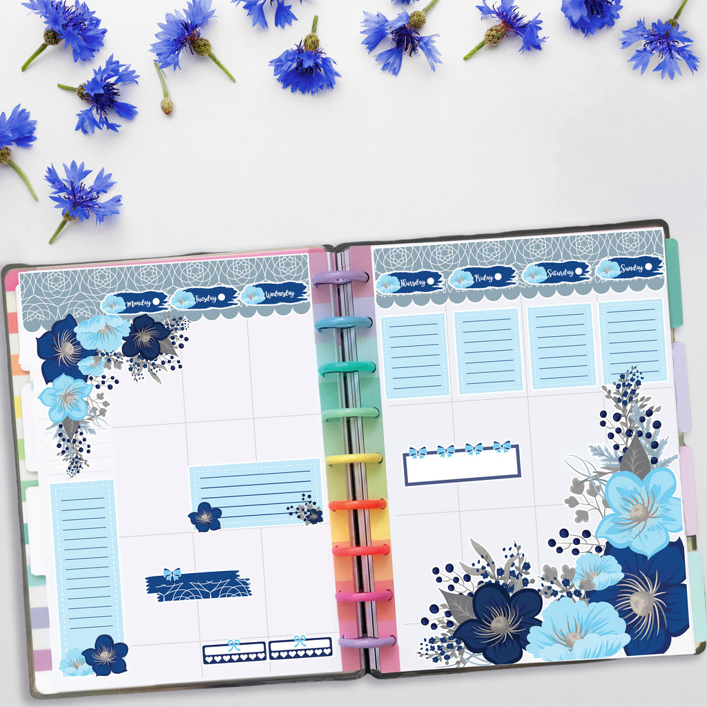 Blue Winter Blossoms - Winter Stickers - Scrapbook Stickers - Fits Vertical Planners