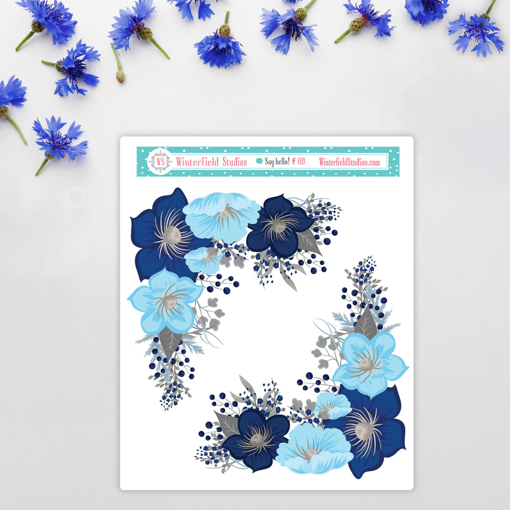 Blue Winter Blossoms - Winter Stickers - Scrapbook Stickers - Fits Vertical Planners