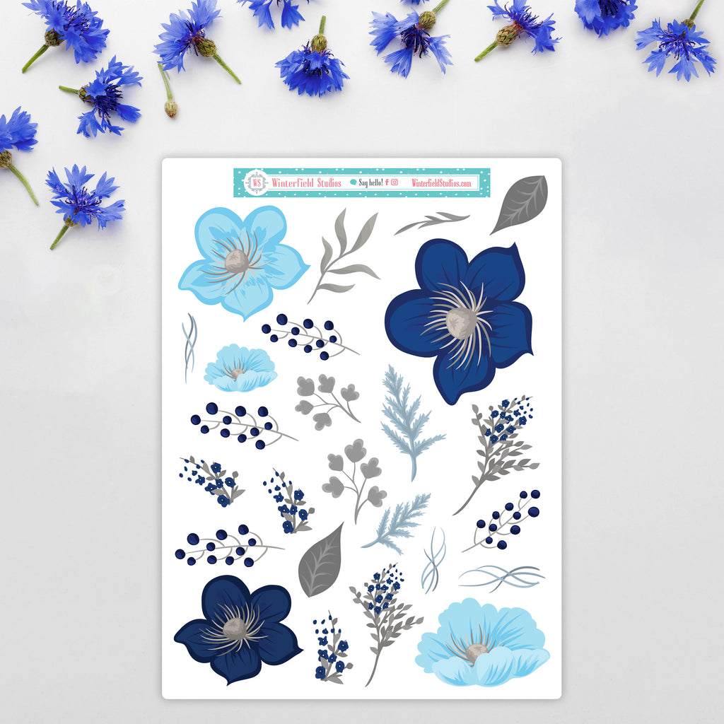 Blue Winter Blossoms - Winter Stickers - Scrapbook Stickers - Fits Vertical Planners